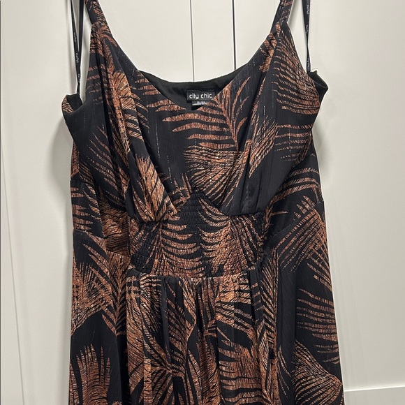 City Chic Elegant Black and Brown Leaf Print Maxi Dress XL - Picture 3 of 15